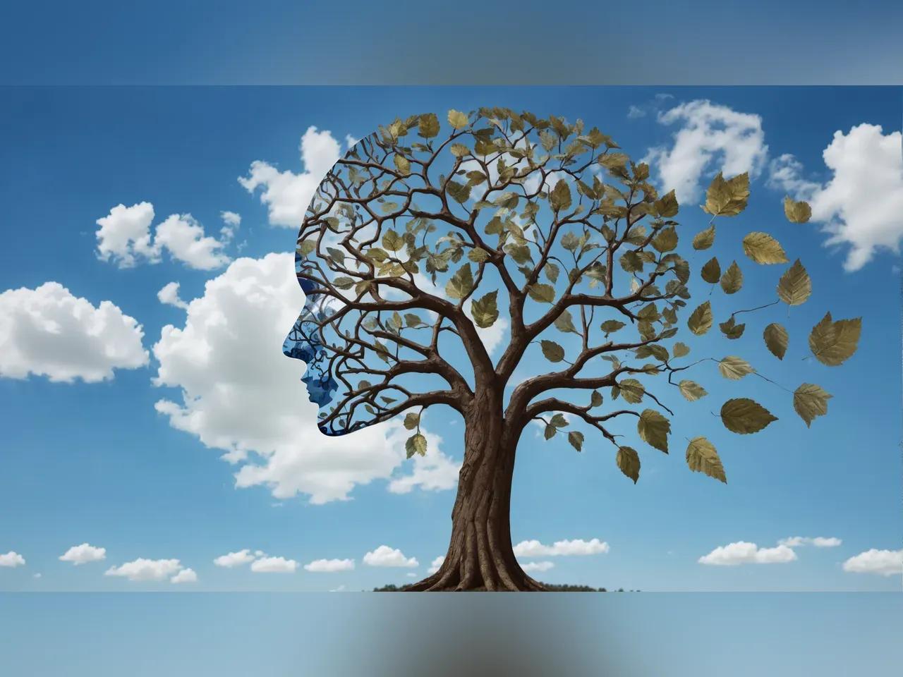 surreales Bild mit einem Gesicht und einem Baum mit davonfliegenden Blättern