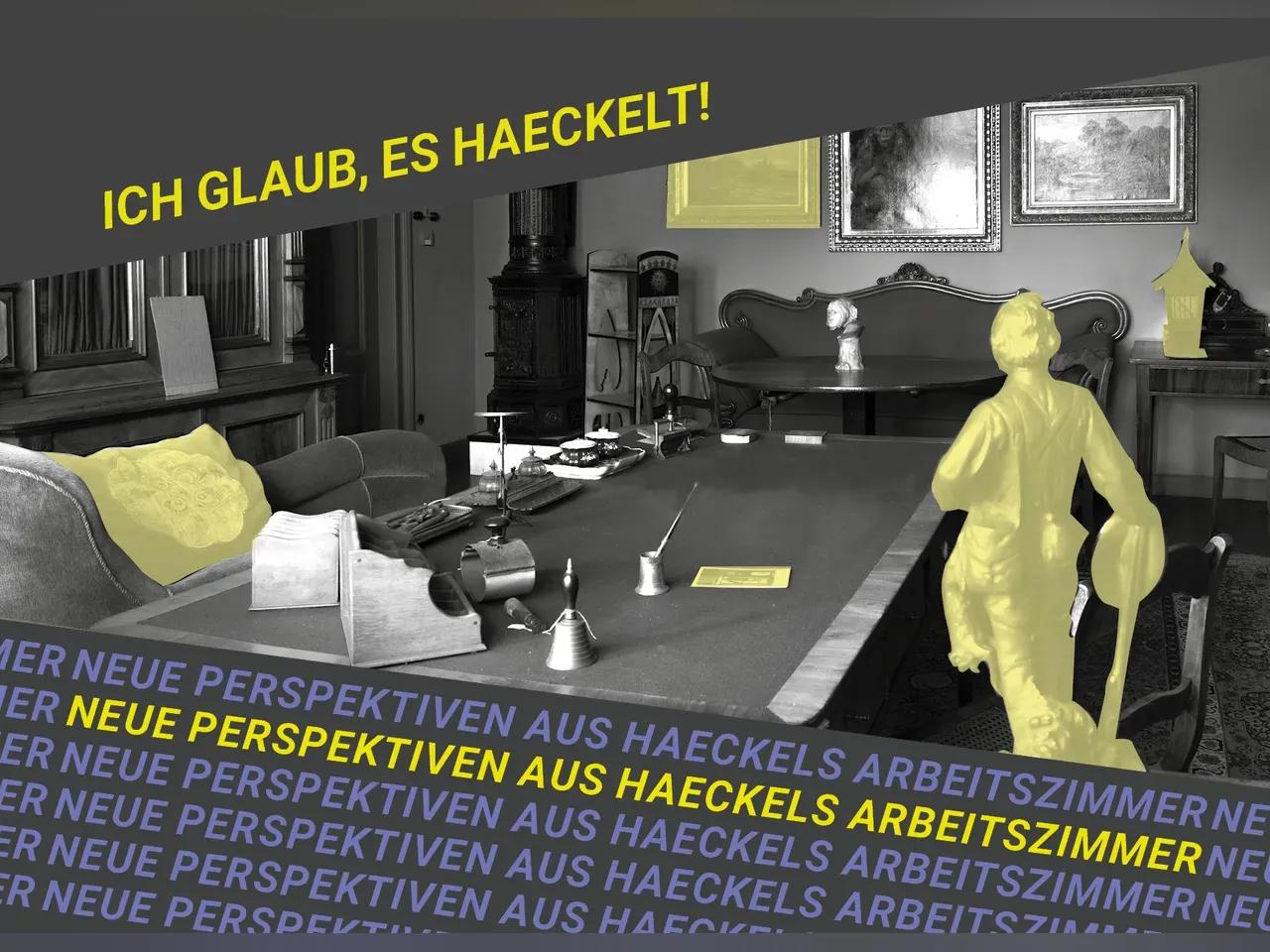 Flyer zur Ausstellung "Ich glaub, es haeckelt!" mit Blick in Haeckels Arbeitszimmer