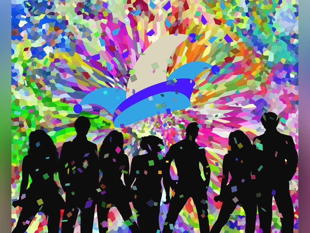 Silhouetten von feiernden Menschen unter eine Karnevalsmütze und bunten Farben