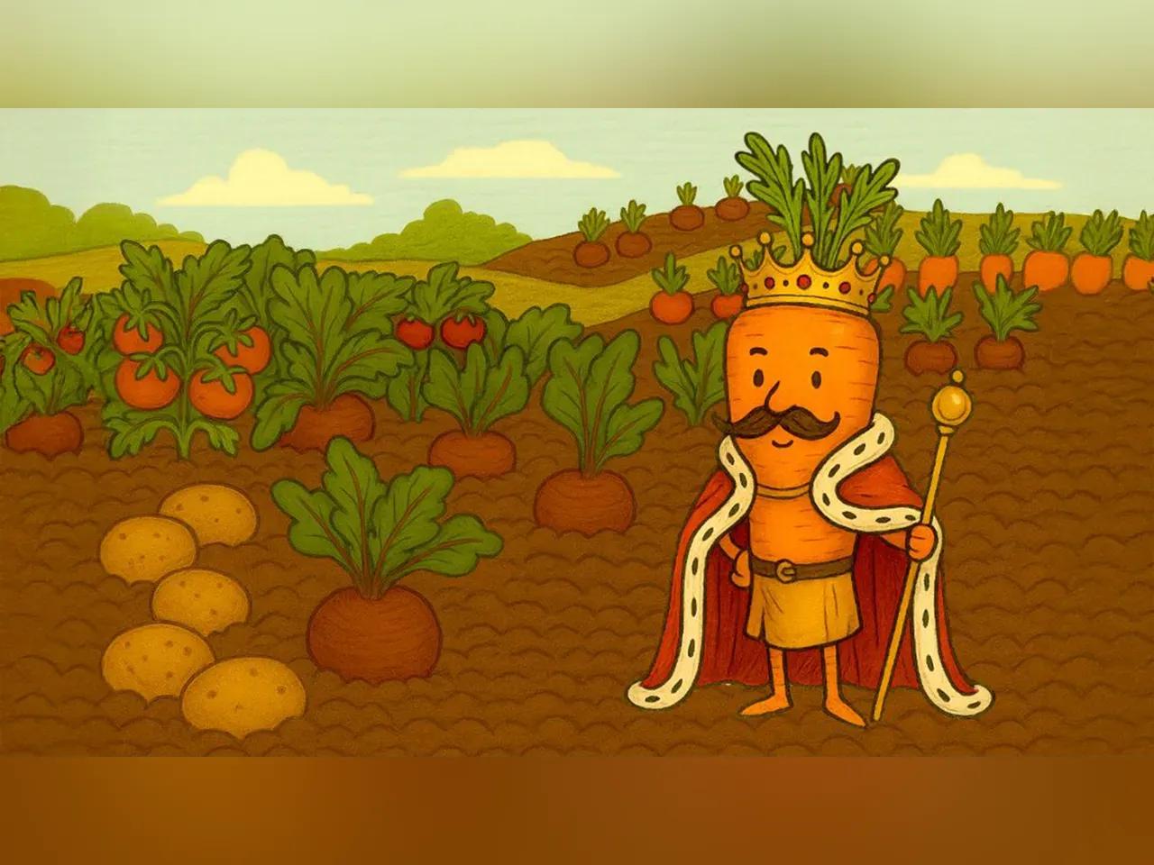 Stilisiertes Bild von König Karotte, der auf einem Feld steht