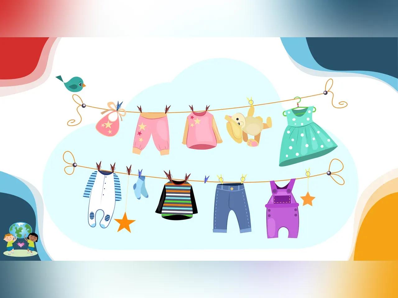 Bunte Zeichnung von Kleidern, die an einer Leine hängen.