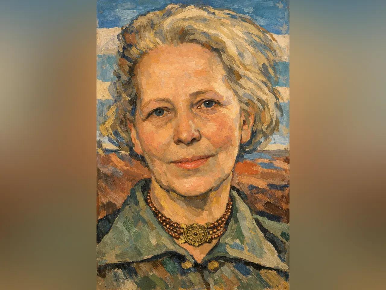 Auf dem Bild ist die Autorin Helene Voigt Diederichs zu sehen. Das Bild war ursprünglich ein schwarz-weiß-Foto, welches so bearbeitet wurde, dass die jetzige Darstellung einem Gemälde gleicht.