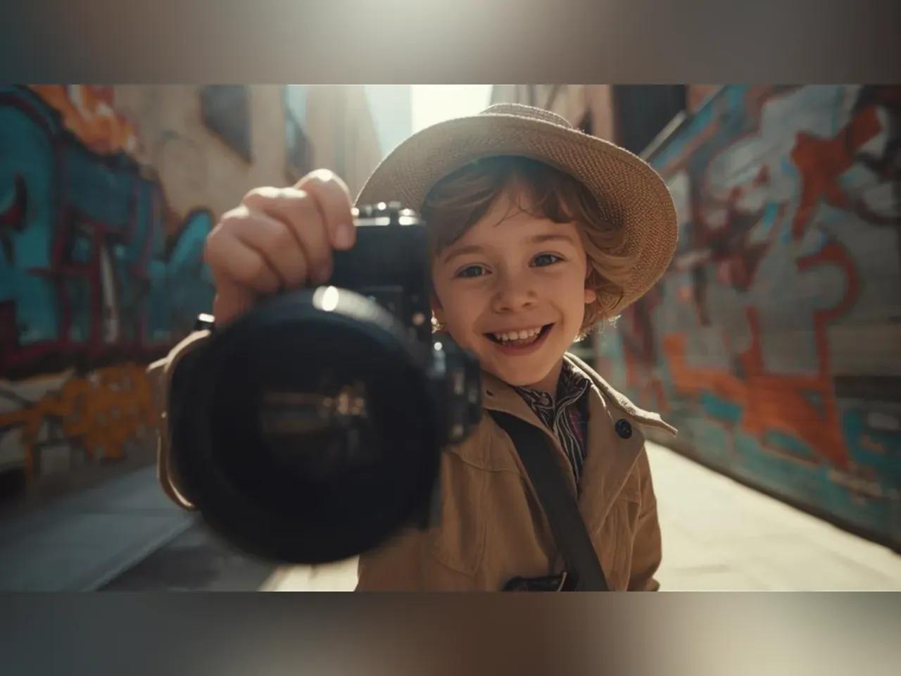 Kind zwischen Grafiti-Wänden mit einer Kamera